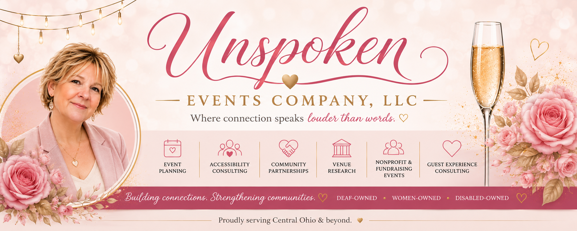 Unspoken Events Co. banner showing Heidi DeGrace and the company mission